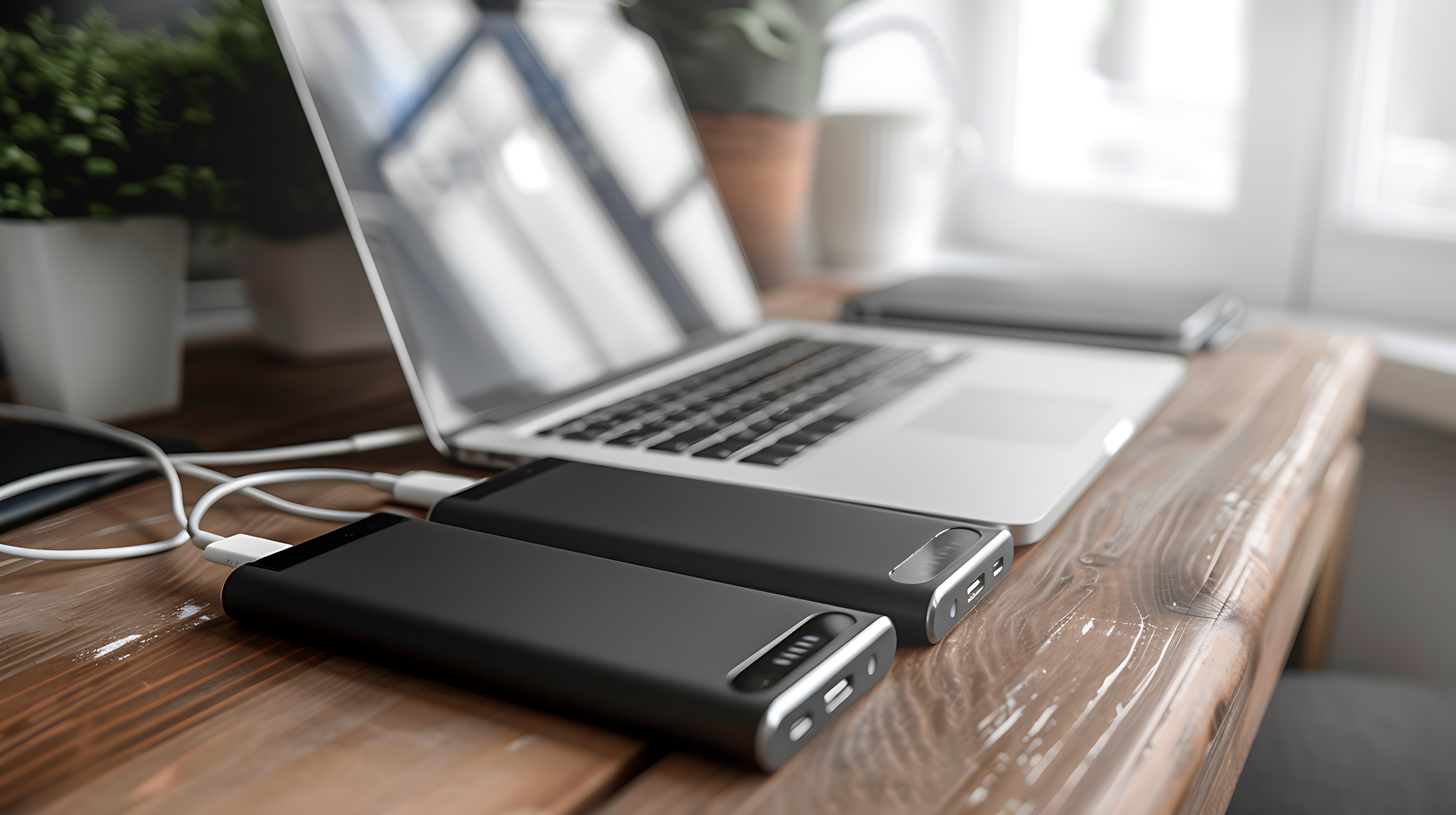 power-bank-charging-laptop-wooden-desk